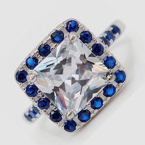 White Topaz & Sapphire 925 Silver Cocktail Ring - Size 7