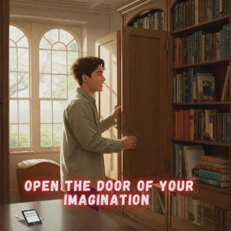 May include: A man opens a wooden door to a bookshelf. The bookshelf is filled with books. The man is wearing a light green button-down shirt. The text 'OPEN THE DOOR OF YOUR IMAGINATION' is displayed in red on the bottom of the image. A tablet is on a wooden desk.
