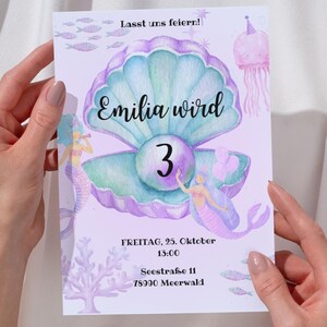 Convite de aniversário infantil sereia para meninas • Convite digital para imprimir • Modelo Canva • Cartão de aniversário rosa para baixar em PDF
