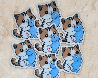 Kawaii Cat with Fish – Cute Vinyl Sticker with Matte or Holographic Finish | Handmade Cat Sticker for Laptops & Journals