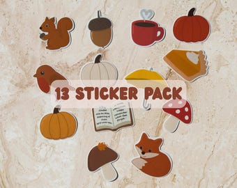 Autumn Sticker Pack – 13 cozy vinyl stickers, pumpkins, mushrooms, fox, squirrel, bird, tea & books, matte laminated
