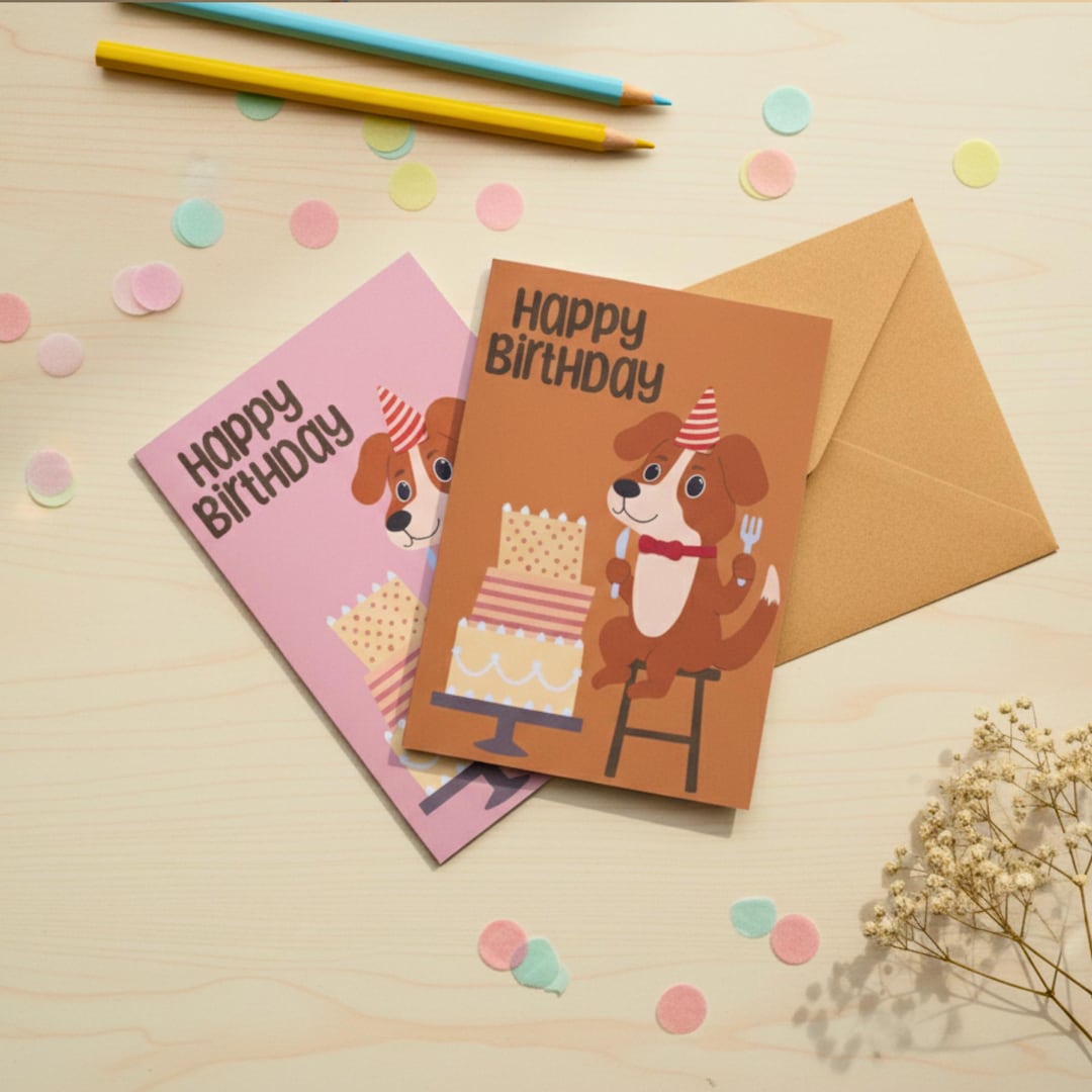 Cute Dog Birthday Card – Handmade Cute Card With Cake & Party Hat, A6 ...