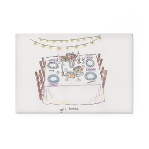 May include: Watercolor illustration of a dinner table set for six, with plates, silverware, and glasses. A vase of flowers and a lit candle are in the center. The text "girl dinner" is at the bottom, with string lights above.