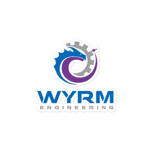 May include: A sticker featuring a logo with a blue dragon-like creature intertwined with a gray gear and a purple 'C' shape. The text 'WYRM ENGINEERING' is in blue and gray.