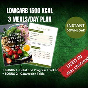 Puede incluir: Un gráfico de plan de comidas digital con el texto "LOW CARB 1500 KCAL 3 COMIDAS/DÍA PLAN". La imagen incluye una hoja de configuración del plan de comidas y un plan de comidas con imágenes de alimentos. El gráfico también incluye el texto "DESCARGA INSTANTÁNEA" y "UTILIZADO EN COACHING REAL".