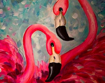 Original Acrylgemälde - Flamingo Vögel - Unikat - 40x40 cm Leinwand