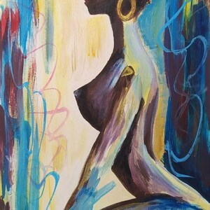 May include: An acrylic painting depicting a profile view of a person with dark skin and short curly hair. The figure wears a gold hoop earring and blue face paint. The background features abstract brushstrokes in yellow, blue, and deep red.