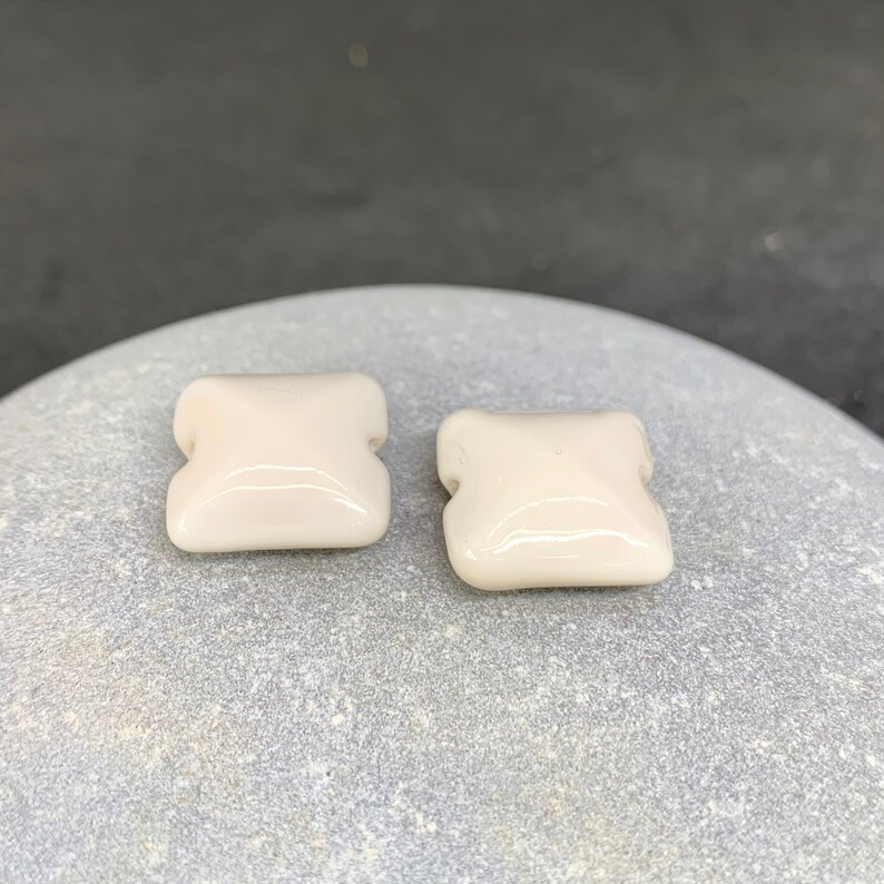 Handmade lampwork bead pair soft ivory square pillows