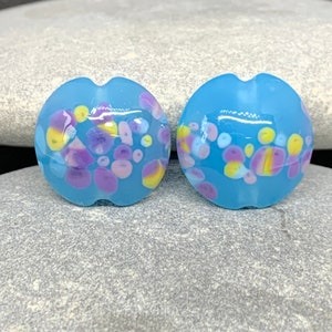 Handmade lampwork lentil beads, Sky blue  orchid