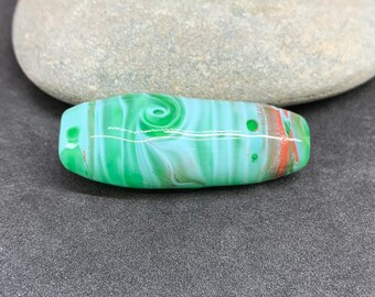 Handmade lampwork focal bead , large green swirl bicone