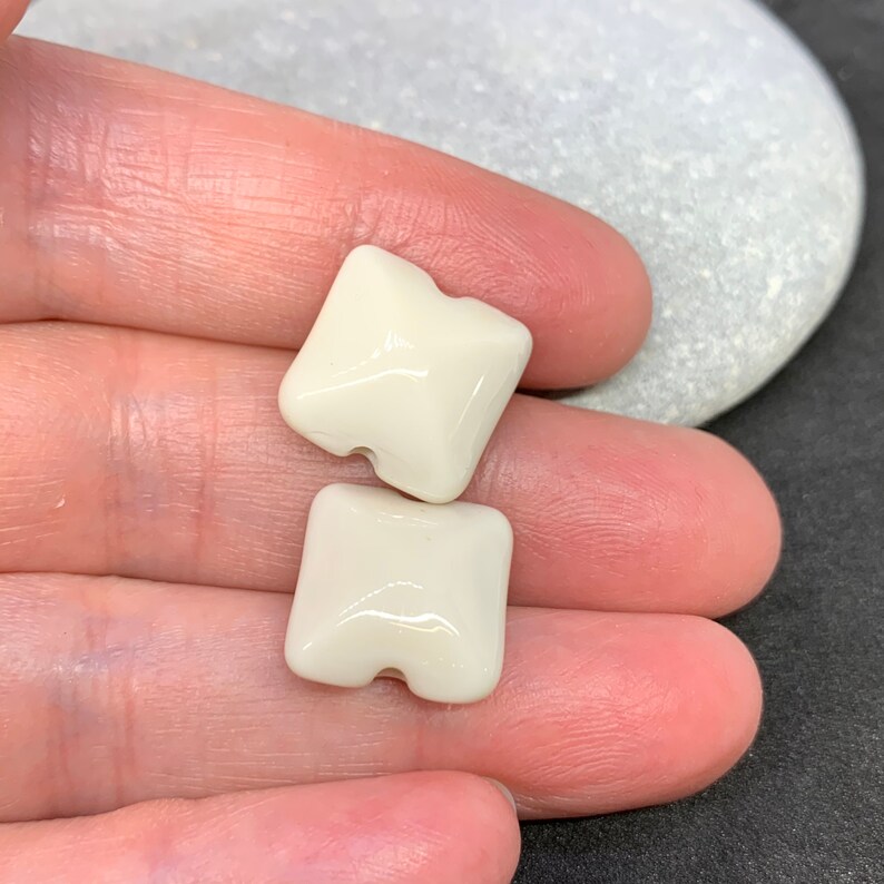 Handmade lampwork bead pair soft ivory square pillows