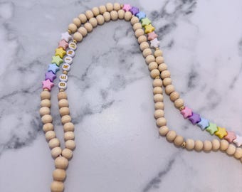 Pastel Star Beaded Lanyard, Teacher Lanyard, Mom Lanyard, Wooden Bead Lanyard, Cute Badge Holder, Nurse Lanyard, Gift for Her