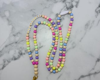 Pastel Rainbow Beaded Lanyard for Teachers, Nurses, Moms – Acrylic & Wood Bead Breakaway Badge Holder