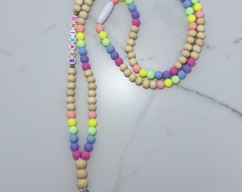 Be Kind Beaded Lanyard: Rainbow Acrylic and Wood Badge Holder
