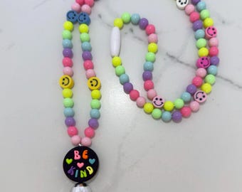 Be Kind Beaded Lanyard: Pastel Rainbow Smiley Face Badge Reel