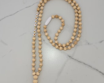 Personalized Wood Beaded Lanyard | Gold Spacers, Teacher Gift | Teacher Appreciation | Office Accessory | Neutral Beaded Lanyard