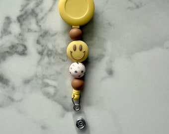 Smiley Face Badge Reel, Neutral Badge Holder, Cute Nurse Badge Reel, Beaded Badge Reel, Silicone Bead Badge Clip, Work ID Holder