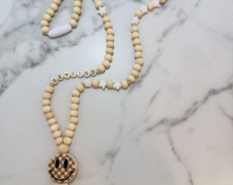 Beaded Lanyard: Checkered Smiley, Wood & Acrylic Beads, Custom Name