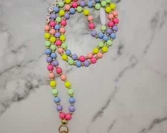 Personalized Teacher Lanyard • Beaded Pastel Rainbow Badge Holder • Custom Name Lanyard with Breakaway Clasp