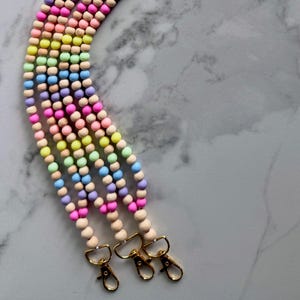 Pastel Rainbow Beaded Lanyard for Teachers, Nurses, Moms – Acrylic & Wood Bead Breakaway Badge Holder