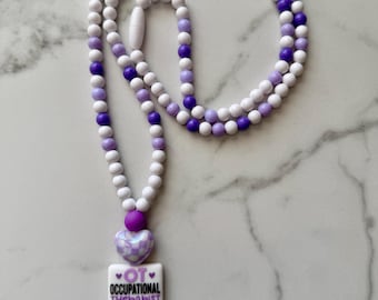 Purple Beaded Occupational Therapist Lanyard | OT Badge Holder with Gold Clasp