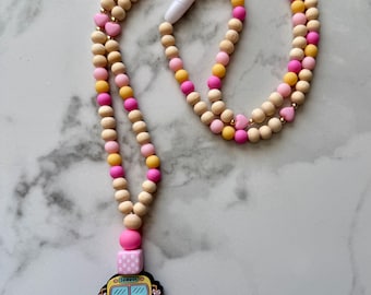 Pink School Bus Beaded Lanyard | Teacher Lanyard | Cute ID Badge Holder | Silicone & Wood Beads | Back to School Gift