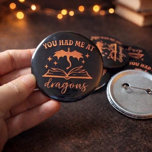 Fantasy Dragon Book Lover Pin – 3 Inch Round Button Accessory