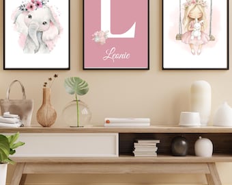 Personalized children's room poster set | Initial + name, elephant & girl | Baby room decor, girls' room wall art, printables