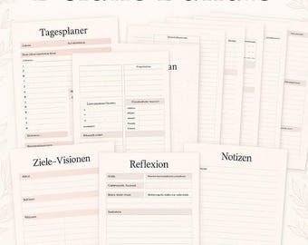 Può includere: Un insieme di pagine di pianificazione stampabili, intitolato "Tagesplaner Deluxe Bundle". Le pagine includono sezioni per la pianificazione quotidiana, gli obiettivi, le riflessioni e le note. Il design è minimalista con una palette di colori tenui.