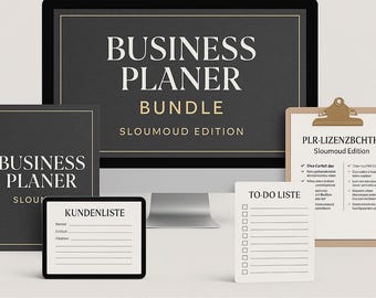 Puede incluir: Un paquete de planificador de negocios que se muestra en un monitor de computadora y varias blocs de notas. El monitor muestra "BUSINESS PLANER BUNDLE SLOUMOUD EDITION" en texto blanco sobre un fondo negro. Los blocs de notas adicionales incluyen "KUNDENLISTE" y "TO-DO LISTE".