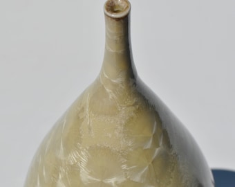 Puede incluir: Un jarrón de cerámica beige claro con una base ancha y un cuello estrecho. El jarrón tiene una superficie texturizada única que se asemeja a un patrón de plumas.