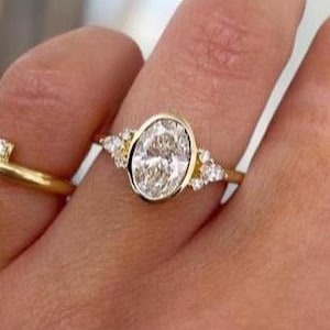 2 Carat Moissanite Cluster Engagement Ring Moissanite Diamond 14K Yellow Gold Wedding Ring Oval Bezel Set Bridal Ring Birthday Gift For Her