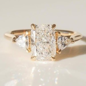 Three Stone Elongated Cushion Cut Moissanite Engagement Ring 3CT Elongated Cushion Diamond Solitaire Ring 14K Gold Wedding Ring For Women