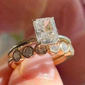 3 CT Radiant Cut Moissanite Diamond Wedding Ring Set Round Bezel Half Eternity Matching Band 14K Gold Engagement Ring Set Anniversary