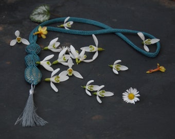 necklace SPITI, knitted, petrol, pebbles, boho, fashion, tassel