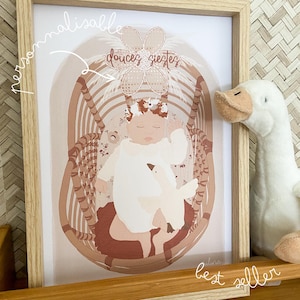 anpassbares Plakat Alba süße Boho Illustration Rattan Krippe Babyzimmer Dekoration Kind Poster Geburt Geschenk Terrakotta