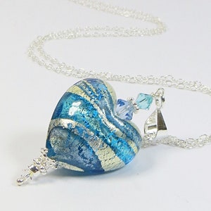 Murano Glass Heart Pendant Necklace, Venetian Glass Aquamarine Blue w White Gold Stripes Heart Pendant, Swarovski Crystal & Sterling Silver