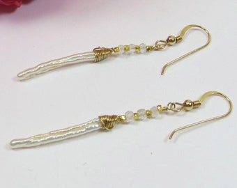 Stick Pearl Earrings, White Stick Pearls Topaz Earrings, Freshwater Pearls White Topaz Wirewrap Vermeil and 14KT Goldfill Long Earrings