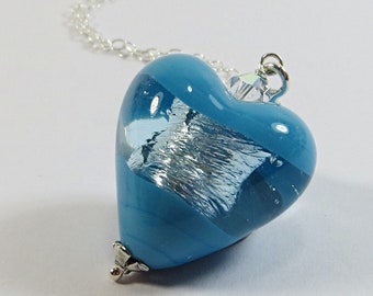 Murano Heart Necklace, Blue Aqua Window Heart Pendant with Silverfoil, Blue Venetian Glass Heart Necklace with Swarovski & 925 Silver Chain