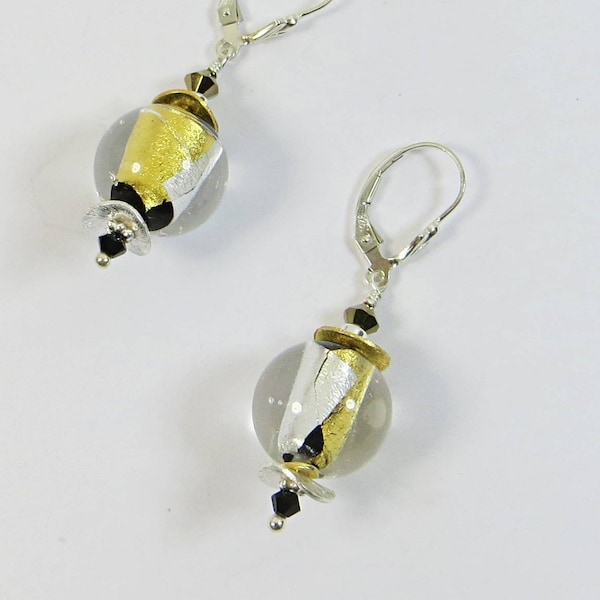 Murano Goldfoil and Silverfoil Earrings, Fab Venetian Murano Precious Foil Bead Earrings Swarovski Crystal Vermeil and 925 Sterling Silver