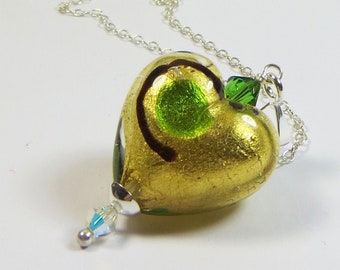 Murano Heart Necklace, 24kt Goldfoil with Green 'Miro' Venetian Murano Heart Necklace w Swarovski Crystal and 925 Sterling Silver Chain