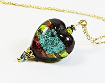 Murano Heart Pendant Necklace, Green Blue Topaz 24kt Goldfoil Venetian Glass Heart Necklace with Swarovski and 14kt Goldfill Chain and Clasp