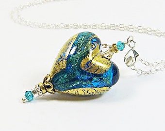 Murano Heart Necklace w 24kt Goldfoil, Murano Venetian Blue Green Verde Gold Venetian Heart Necklace w Sterling Silver & Swarovski Crystal