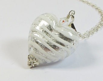 Murano Glass Heart Necklace, Venetian Stripe Silverfoil Necklace, Handmade Murano Heart Necklace Pendant w Swarovski & 925 Silver Chain