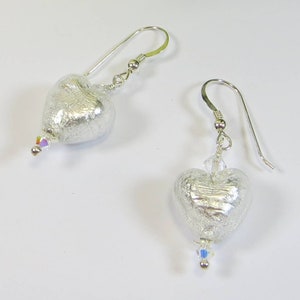 Silver Murano Glass Heart Earrings, Silverfoil Clear Venetian Glass w Swarovski Crystal & Silver Heart Earrings, Clip Fittings Available
