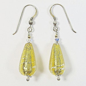 Gold Murano Small Glass Drops Earrings, Venetian Glass w 24kt Goldfoil & Swarovski Crystal and Silver Earrings, Option to Change to Clips