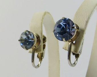 Vintage Clip Earrings, Signed Coro Clip Earrings, Aquamarine Crystal Rhinestone Silvertone Non Pierced Earrings