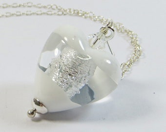 Murano Glass Heart Necklace, White Silverfoil Windows Heart Necklace, Murano Venetian Heart Necklace with 925 Sterling Silver & Swarovski