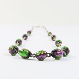 1910s Edwardian Foiled Glass Beads Necklace, Tiny Small Dainty Intense Green Purple Silverfoiled Little Glass Beads Necklace w Rolled Gold