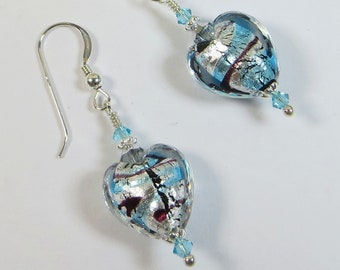 Gift Wrapped Crystal Necklace Cobalt Blue Fiorato 20mm Murano Glass Heart Sterling Silver Chain